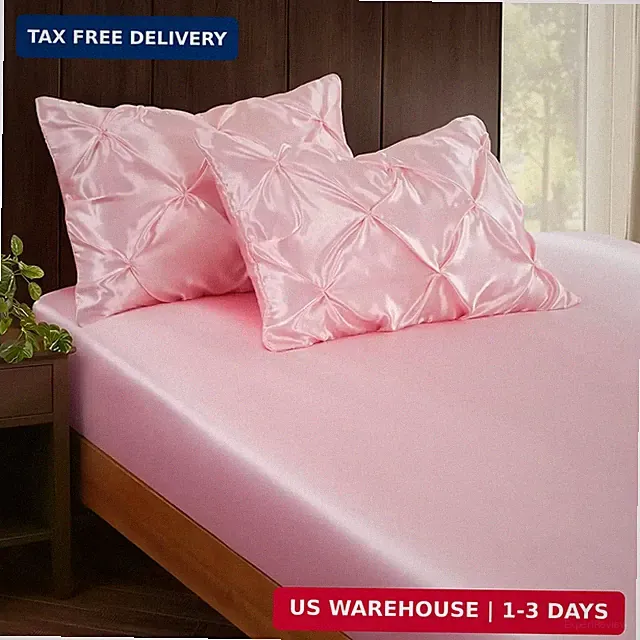 3-Piece Set Pintuck Satin Pillowcases & King Fitted Sheet, Blush Pink