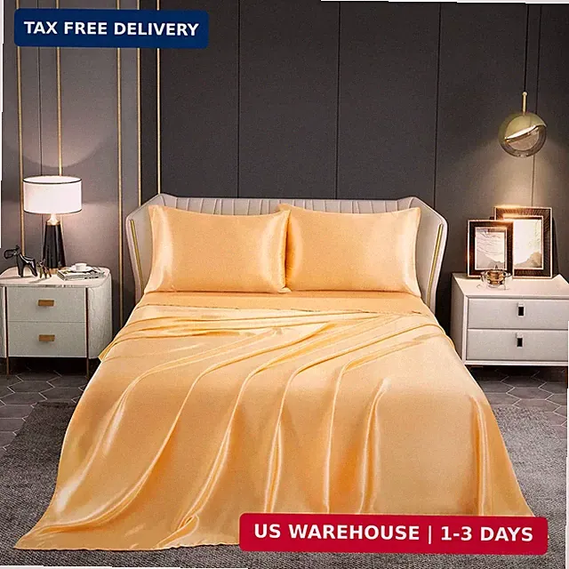 4 Pieces Satin Sheets Set, Queen Size Luxury Silky Soft Satin Bed Sheets with 1