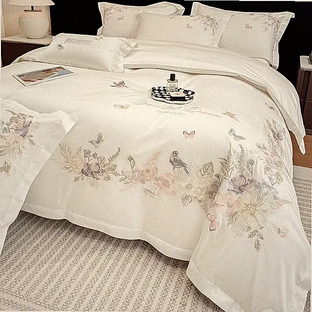 4pcs/lot Bedding Set Pure Cotton Embroidery Flowers Duvet Cover Flat Sheet Set