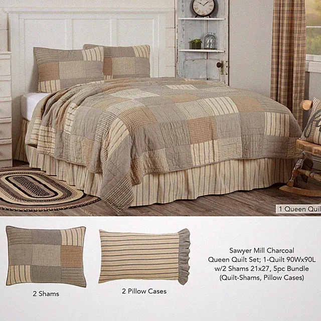 5 Pc Bundle Sawyer Mill Charcoal Queen Patchwork Quilt 2 Shams Pillow Cases VHC