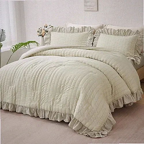 5 Pieces Queen Bed Bedding Set Ruffle Comforter Sets Queen(5-piece) Beige Grey