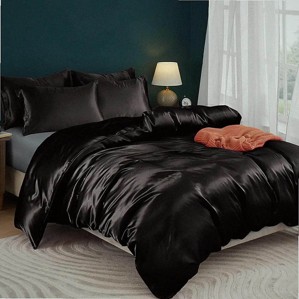 5 Pieces Satin Duvet Cover Set Queen/Full Size Black Duvet Cover with Corner Tie