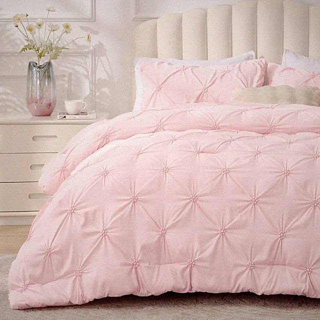 Baby Pink King Size Comforter Set - 3 Pieces Boho Pintuck Bedding Comforter Sets