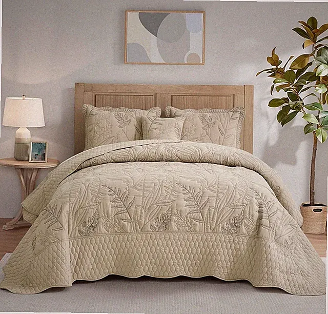 Botanical Oversized Bedspread King Size - Leaves Pattern Stitching Quilt Set...