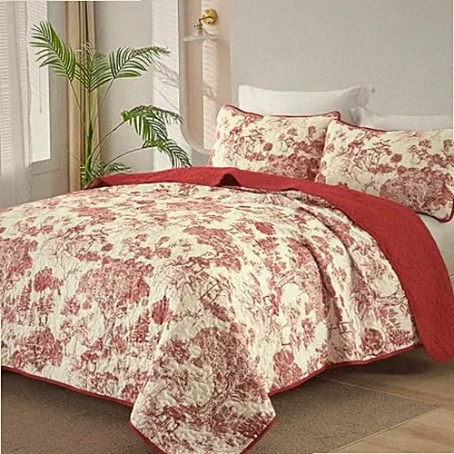 Botanical Quilt Set Size 3 Pieces Floral Plants Printed Bedspread King Red