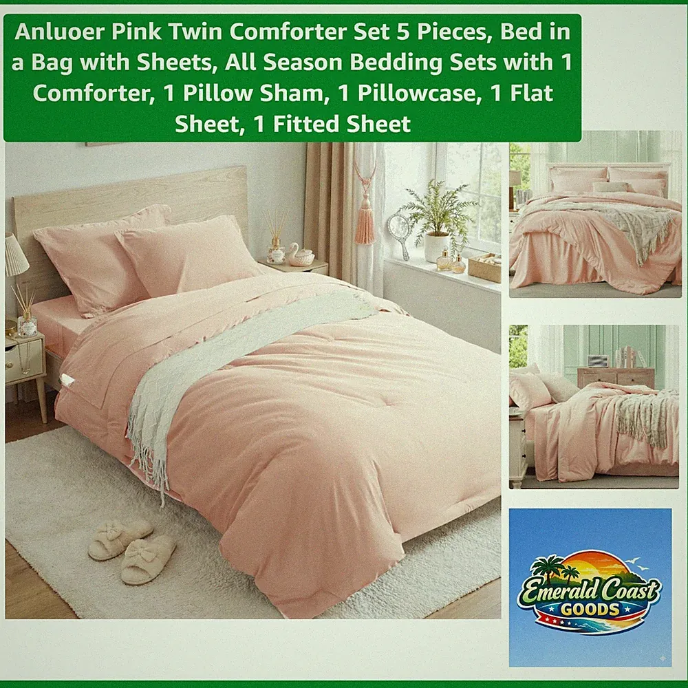 Chic All-Season Pink Twin Comforter Set, 5 Pieces - Stylish and Cozy Microfiber