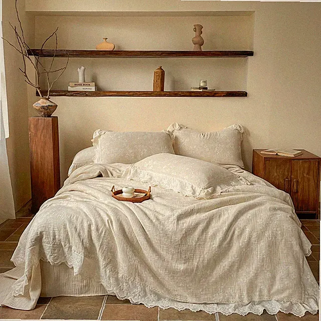 Cotton & Linen Jacquard Bedding Set 4 Pcs/lot Duvet Cover Flat Sheet Set Flowers