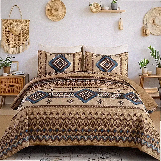 Dintszyayue Brown Boho Quilt Set Queen，3 Pieces Aztec Texture Bedspread Southw