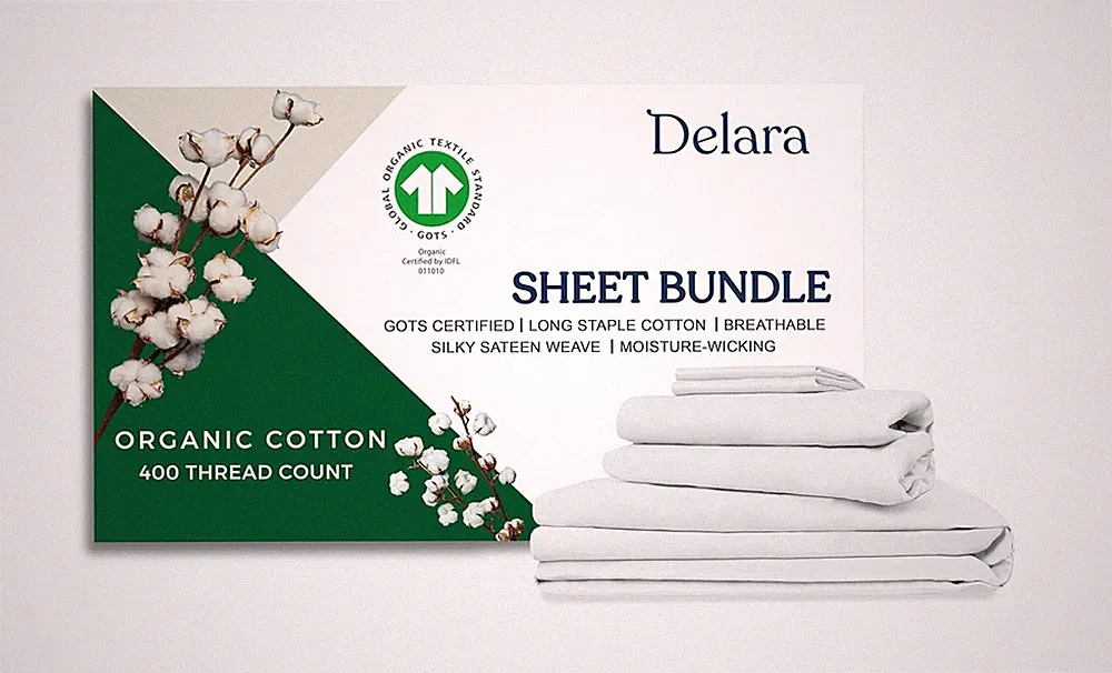 GOTS Certified 100% Organic Cotton Bedding Bundle, Twin Size 5 Pieces Set, Long