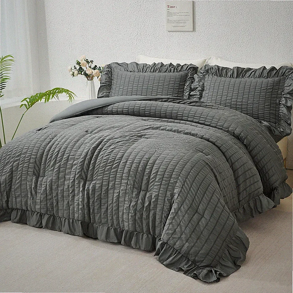 King Size Comforter Set 5 Pieces Ruffle Bedding Sets Dark Grey Bed in a Bag with