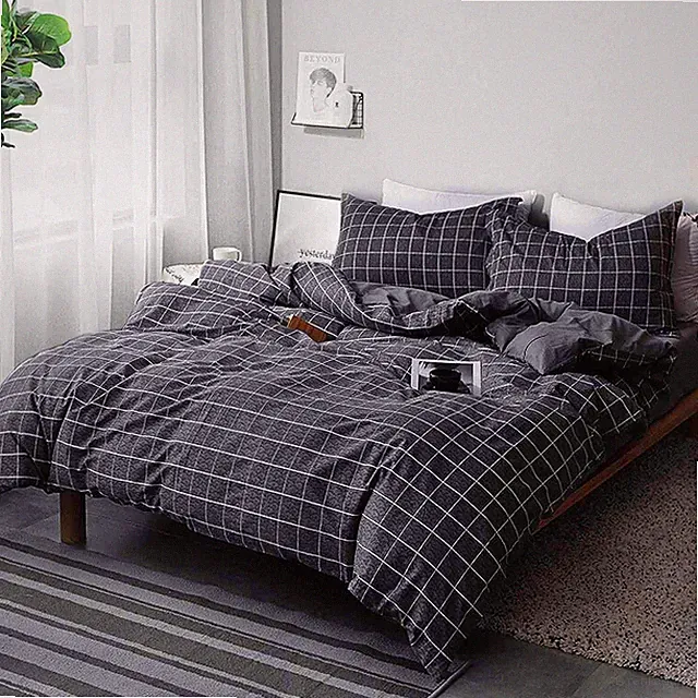 Nanko Queen Duvet Cover Set Black Grid Geometric 3 Pieces 90x90 Luxury Microfibe