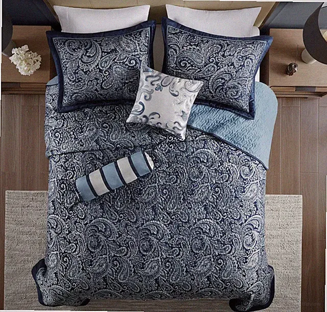 NAVY BLUE SILVER XXL 5pc Queen BEDSPREAD : 102 x 118 JACQUARD QUILT