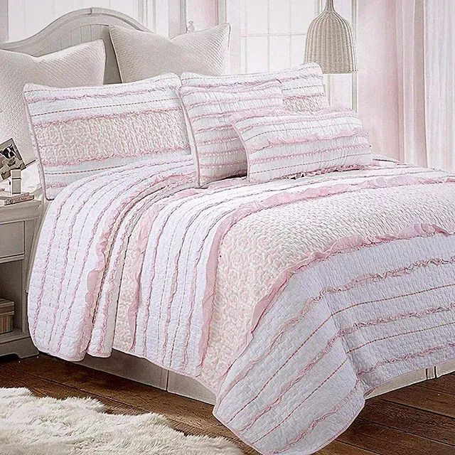 Pink Princess Ruffled 100%Cotton Quilt Set, Bedspread, Coverlet