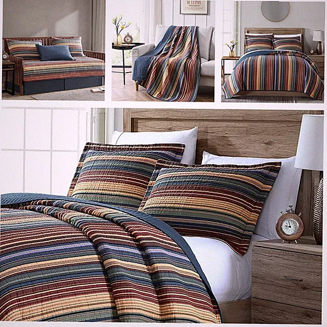 Pre-Washed Cotton Quilt Set Multi-Striped Coverlet Daybed Cover , Throw Blanket