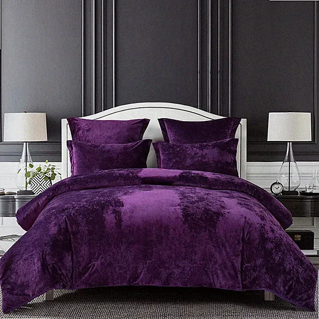 Purple Distressed Velvet Comforter Set, 5 Pieces, Queen