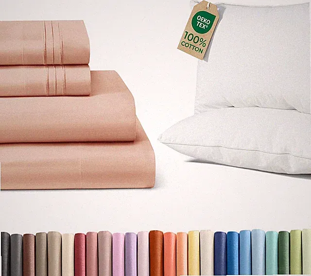 Queen 4-Piece Sheet Set & 2 Cotton Bed Pillows Bundle
