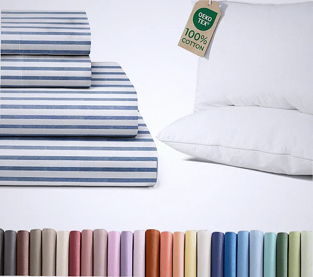Queen Sheet Set & 2 Cotton Bed Pillows - 4 Piece Bundle