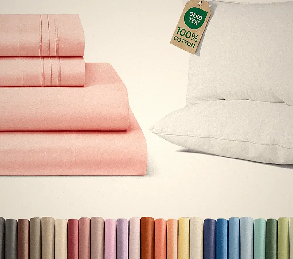 Queen Sheet Set & 2 Cotton Pillows - 4 Piece Bedding Bundle