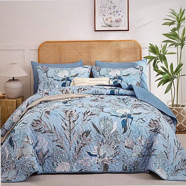 Quilt Queen Size Blue, 3 Pieces Boho Floral Bedspread Bedding for Queen Size Bed