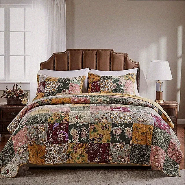 Quilt Set King Patchwork Floral Earth Colors Reversible 5 Piece Cotton Bedding