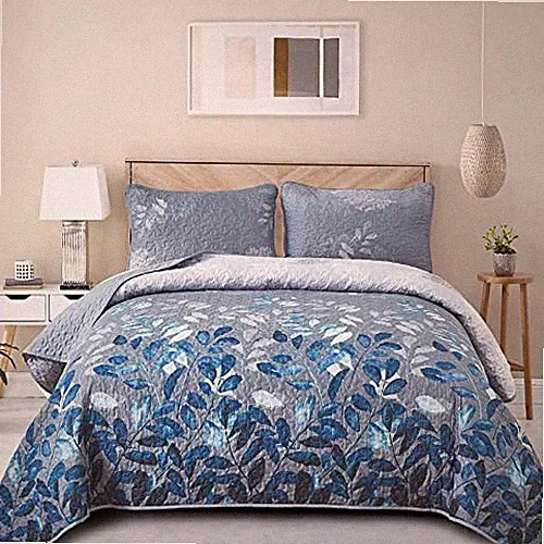 Quilt Set Queen Size,3 Pieces Navy Floral Bedspread Queen(96"×90") Blue
