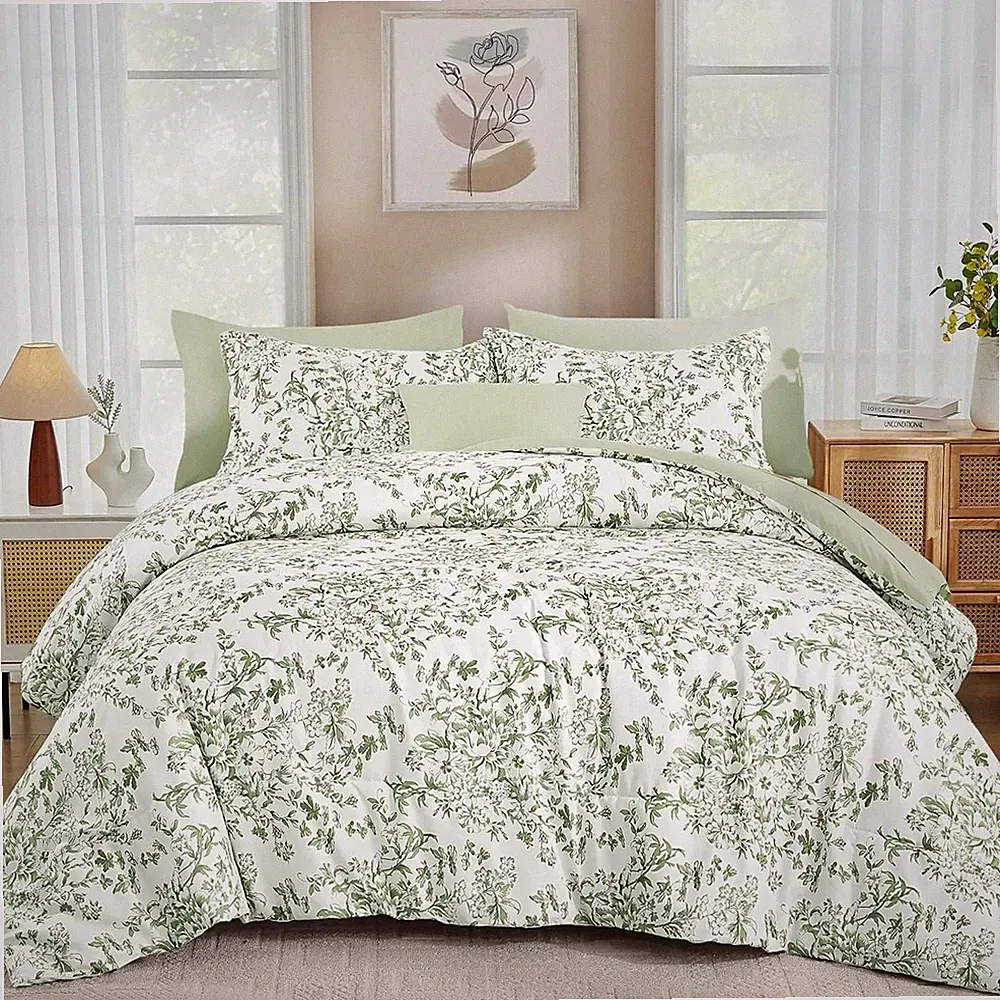 WONGS BEDDING 8 Pieces Queen Size Comforter Set Green, Sage Green Floral Bed in